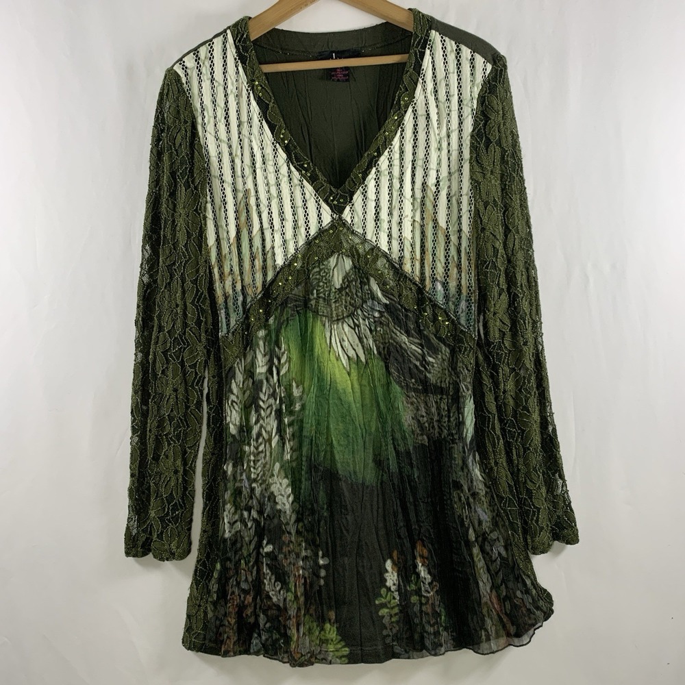 Boho Artsy Womens Fairy Grunge Tunic Top Sz L Whimsigoth Goblin Sheer Sleeve